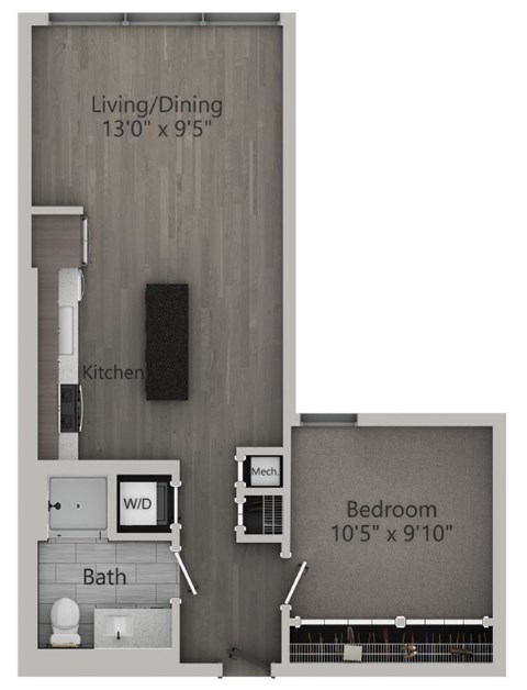 Floor plan for 1 bed, 1 bath, 609 sqft